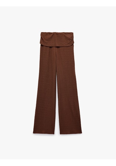 Koton Bürümcük Kumaş Dokulu Katmanlı Düz Bol Paça Pantolon Kahverengi 7wak40125ek Kahve