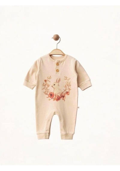 Zekids Bebek Tavşan Desenli Organik Tulum-15478 Krem