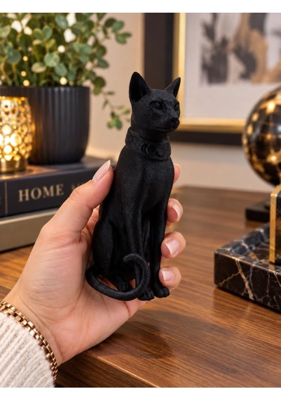 Kedi Biblo Mısır Kedisi Bastet Esintili Siyah Dekoratif Figür Ev Ofis Masa Raf Vitrin Süsü