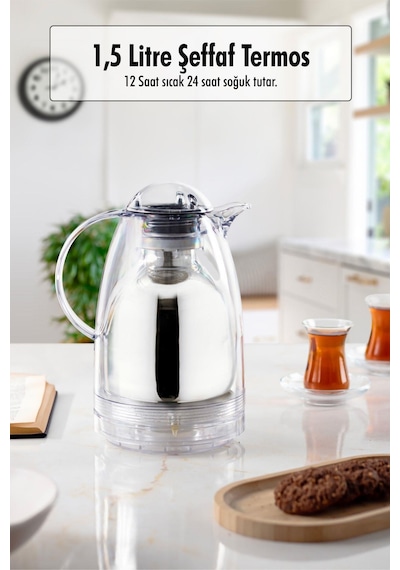 1.5 Lt Isı Yalıtımlı Çay Ve Soğuk Su Termosu Şeffaf 12 Saat Sıcak Tutar& İçi Camdır Çok Renkli