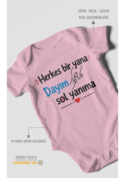 Morivokids Herkes Bir Yana, Dayım Sol Yanıma Kısa Kollu Bebek Body %100 Pamuk Koyu Pembe