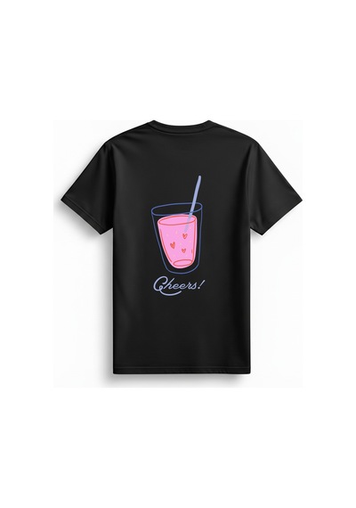Paybuy Kadın Grafik Baskılı Kısa Kollu Tişört Neon İçecek Deseni Şerefe Siyah