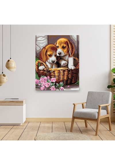 Sayılarla Boyama Seti 40 x 50 CM Tuval Şasesine Gerili Yavru Köpekler