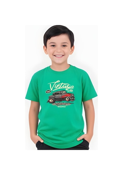 Fyk Kids Erkek Çocuk Yuvarlak Yaka İntage Car Baskılı T-shirt Yeşil