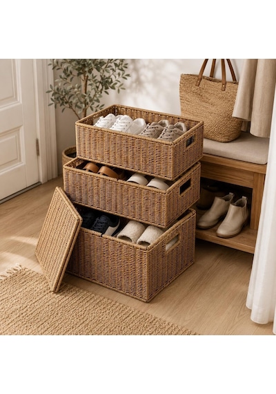 Rattan 3'lü Kapaklı Sandık Seti Hasır Saklama Kutusu Büyük Orta Küçük Boy Dekoratif Organizer Sepet Diğer