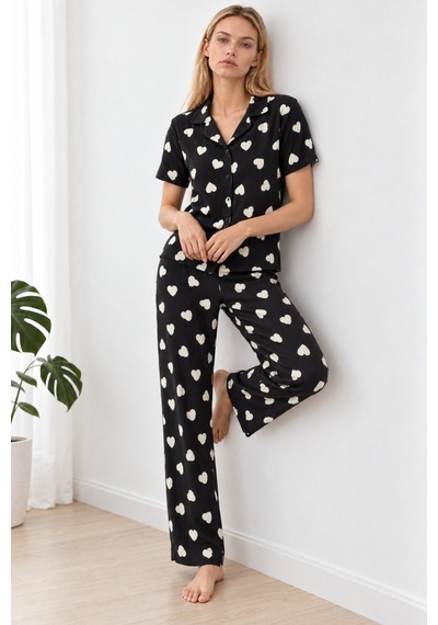 Kadın Kalpli Kısa Kollu Siyah Pijama Takımı 4825