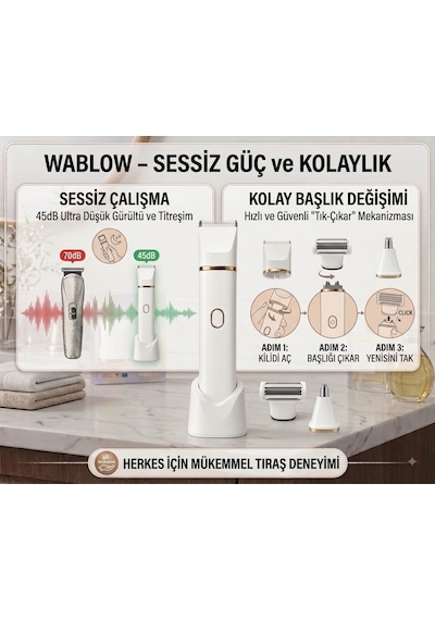 Wablow Yüz Saç Vücut IPX7 Su Geçirmez Seramik Bıçak Şarj Standl Vücut Tıraş Makinesi Series 5+1 Seti