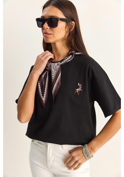 Shade Kadın Ceylan Nakışlı Fularlı Basic Salaş T-shirt 7517 60283977 - Siyah