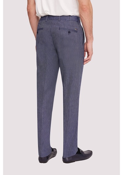 Erkek Lacivert Regular Fit Çizgili Keten Pantolon