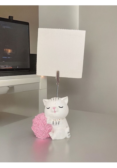 Yumak Tutan Kedi Not - Fotoğraf Tutuculu Biblo Obje Beyaz Pembe