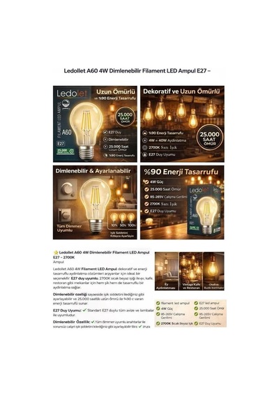 4w Filamentli Led Ampul A60 E27 Dim Vintange Rustik Lamba Sarı Işık 2700k Diğer