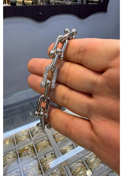 Silver Spor Kalın Taşlı Bileklik Beyaz