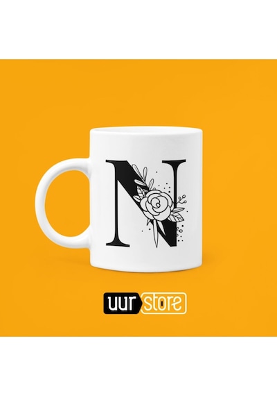 N Harfi Baskılı Porselen Kupa 330ml Beyaz