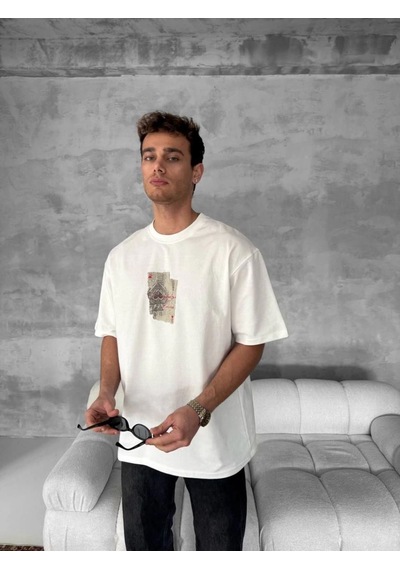Erkek Tişört Kısa Kol Ön Ve Arka Baskılı Oversize Bisiklet Yaka T-shirt - Beyaz
