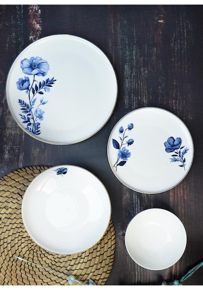 24 Parça 6 Kişilik İnce Porselen Yemek Takımı Peta Blue-4190 Beyaz