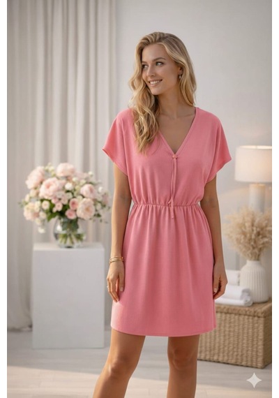 Maşuka Kadın Bel Lastikli V Yaka Boncuk Detaylı Pareo/elbise/plaj Elbisesi Pembe Pembe