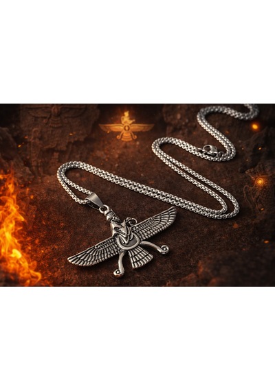 Antik Pers Sembolü Ahura Mazda Faravahar Erkek Çelik Kolye Gümüş