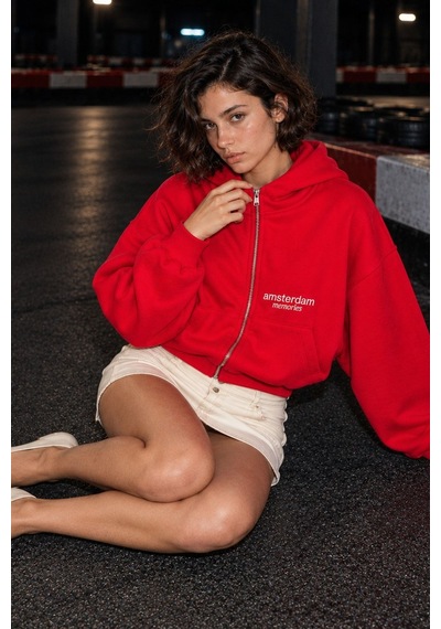 Hiccup Fermuarlı Kapüşonlu Sweatshirt Kırmızı