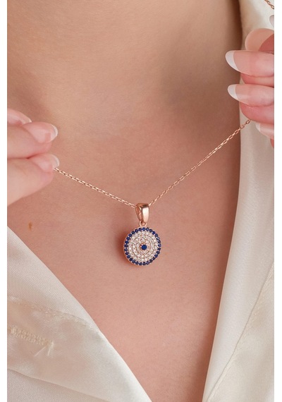 12 Mm Gümüş Rose Kaplama Nazar Boncuklu Boncuğu Zirkon Taşlı Mavi Göz Kolye