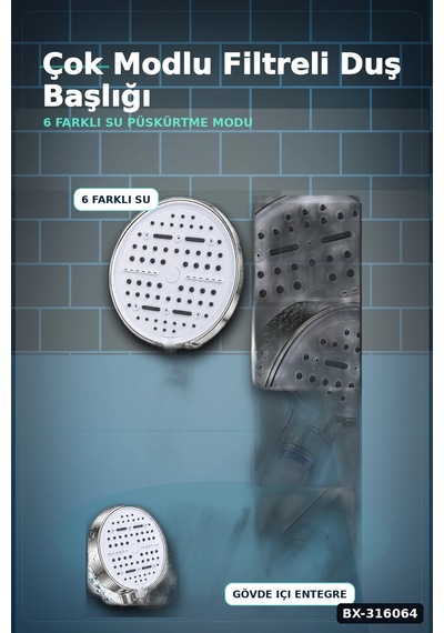 Filtreli Duş Başlığı 6 Modlu Geniş Panel Silikon Nozullu Banyo Duş Başlığı Beyaz Bx-316064 Diğer