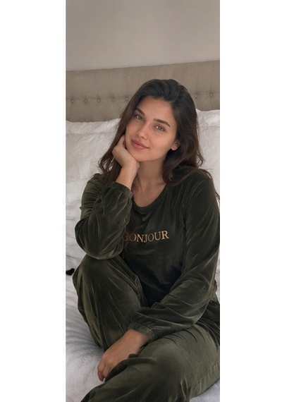 Mihra Mıhra Kadife Haki Bonjur Yazan Kadın Pijama Takımı