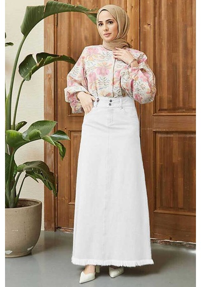2252-denim Püsküllü Etek Beyaz Beyaz