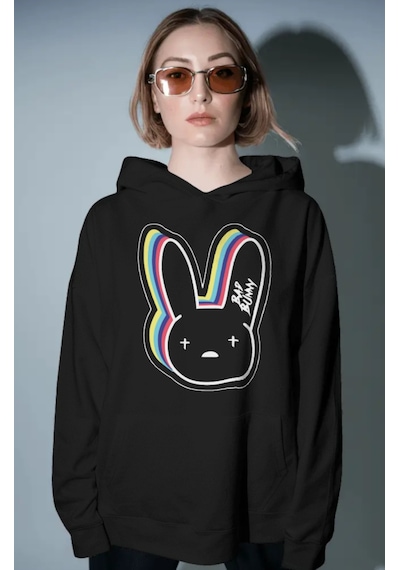 Sevbano Bad Bunny Rapper Şarkıcı Ön Baskılı Unisex Oversize Premium Hoodi Siyah