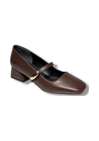 Cshoes 175-26 Cilt Deri Bantlı Kısa Kare Topuklu Kadın Ayakkabı Kahverengi