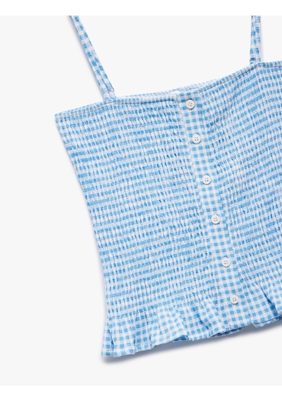 Koton Gipeli Düğmeli Fırfırlı Dar Kesim Pötikareli İp Askılı Crop Bluz Mavi Ekose 5sal30250ık Mavi Ekoseli