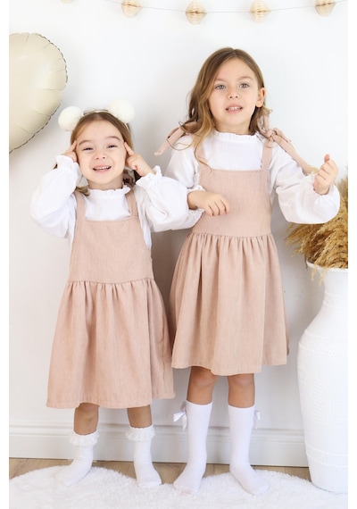 MiaBaby Fitilli Kadife Elbise İkili Takım Bej