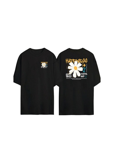 Thewert Unisex Happıness Good Vibes Siyah İçin Ön Arka Baskılı Sıyah Oversize T-shirt