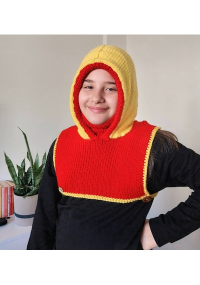 Kemzey Handmade El Yapımı Balaklava, Örgü Şapkalı Boyunluk , Yünlü Şapka Sarı - Kırmızı