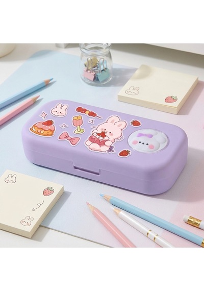 Sevimli Kawaii Figürlü Kalem Kutusu Çok Bölmeli Çift Katlı Büyük Kapasiteli Kalem Kutusu Sticker'lı Kalem Kutusu Sticker Yapıştırılabilir Kalemlik Sticker Kalemlik Mor