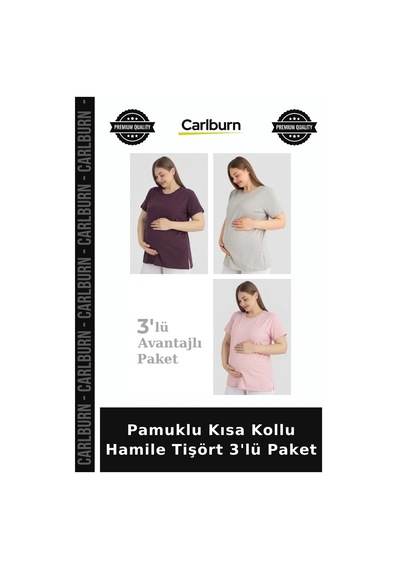 Carlburn Premium Pamuklu Kısa Kollu Hamile Tişört 3'lü Paket Pratik Kıyafet Hediyelik Üst Alternatif Giyim Pembe Gri Mürdüm