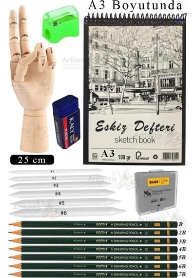 Ahşap El Modeli 25 Cm Ve A3 Eskiz Defteri Modelleme Seti 1 Paket Dereceli Kalem Karakalem Dağıtma Hamur Silgi Kalemtraş