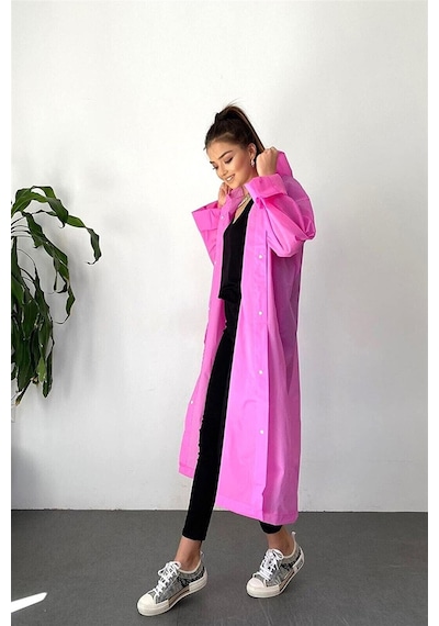Newdaki Unisex Kadın Ve Erkek Yağmurluk %100 Eva Çıtçıtlı Kapüşonlu Pembe