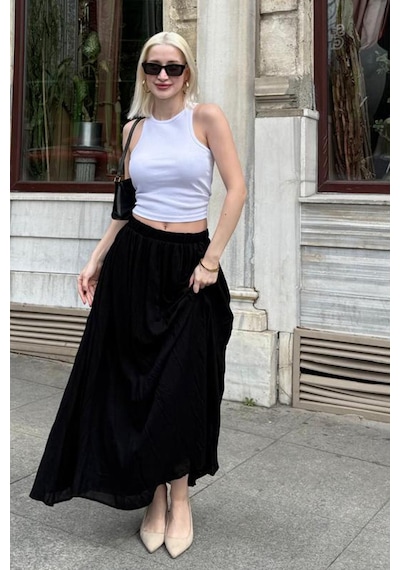 Madmext Siyah Vual Kumaş Basic Kadın Uzun Boy Kadın Etek Mg2366 Siyah