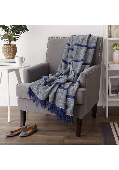 Lacivert Çizgili Homespun Örtü, 50x60 6,35 Cm Püsküllü Çok Renkli