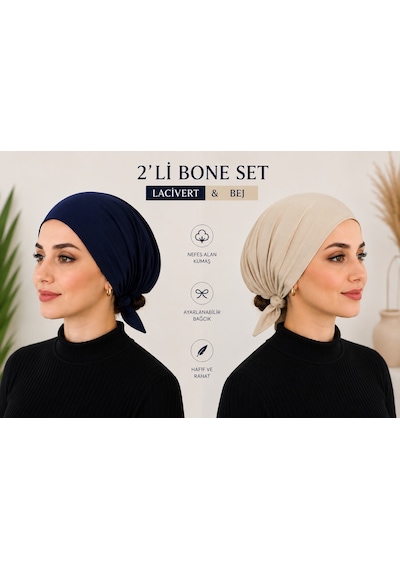2'li Bej-lacivert Kadın Bone Esnek Ve Rahat Saç Bonesi, Günlük Kullanım Için Bone Bej - Lacivert