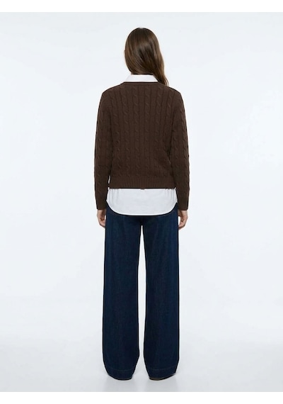 LTB Slim Fit V Yaka Triko Kahverengi Kazak