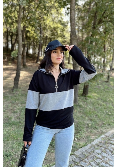 WeShaya Kadın Siyah Uzun Kol, Dik Yaka, Fermuarlı, Double Color Block Basic Sweatshirt Bluz Siyah