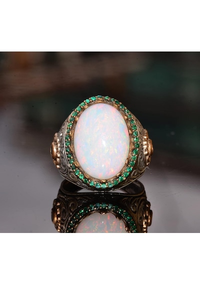 Gerçek Doğal Avustralya Opal Taş Yüzük, 7.55 Karat, Erkekler İçin Kral Yüzük, 925 Ayar Katı Gümüş Yüzük Gümüş
