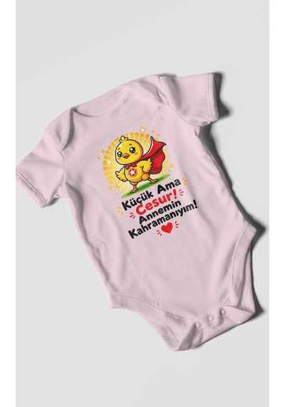 Morivokids Küçük Ama Cesur Annemin Kahramanıyım Kısa Kollu Bebek Body %100 Pamuk Bebe Pembe