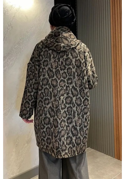 Kapşonlu Leopar Desenli Uzun Kaşe Ceket LEOPAR