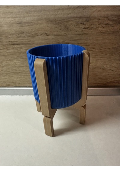 3d Baskı Ayaklı Çizgili Saksı - Bej Standlı Dekoratif Saksı - Mavi Çok Renkli