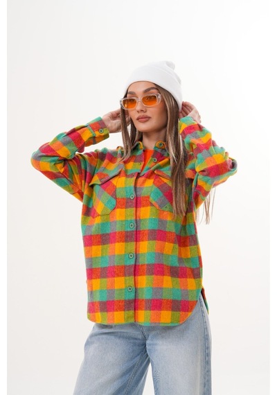 Mamayaga Kadın Desen Bloklu Oduncu Oversize Bol Ve Geniş Kalıp Casual Cepli Yakalı Ceket Gömlek Sarı