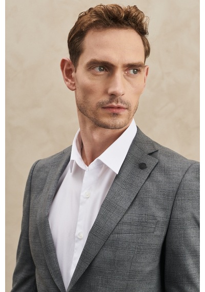 AC&Co / Altınyıldız Classics Ekstra Slim Fit Dar Kesim Mono Yaka Kareli Takım Elbise - 556336968 Gri
