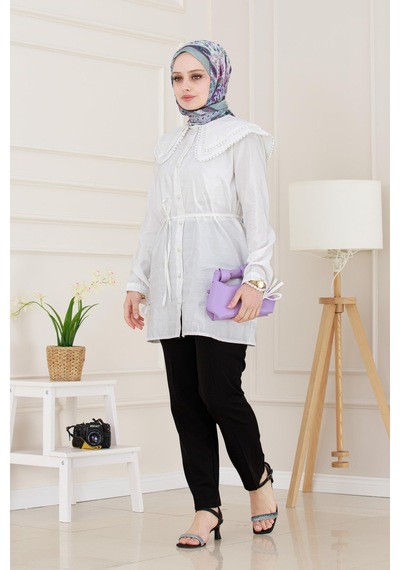 Sevitli Çift Yaka Dantelli Tunik-beyaz-4984 Beyaz