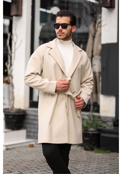 Mero Life Erkek Bej Kemerli Oversize Rahat Kesim Kaşe Kaban Bej