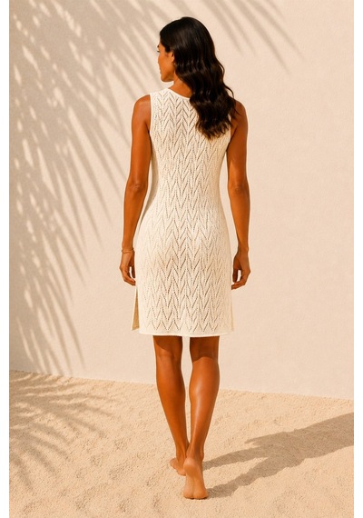 Ferraro Beyaz Yanı Yırtmaçlı Ajurlu Triko Pareo Plaj Elbisesi